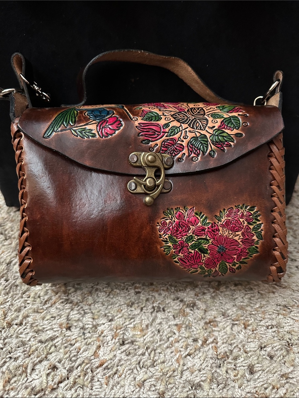 Handcrafted Brown Leather Crossbody Bag with Pink Floral Detailing
